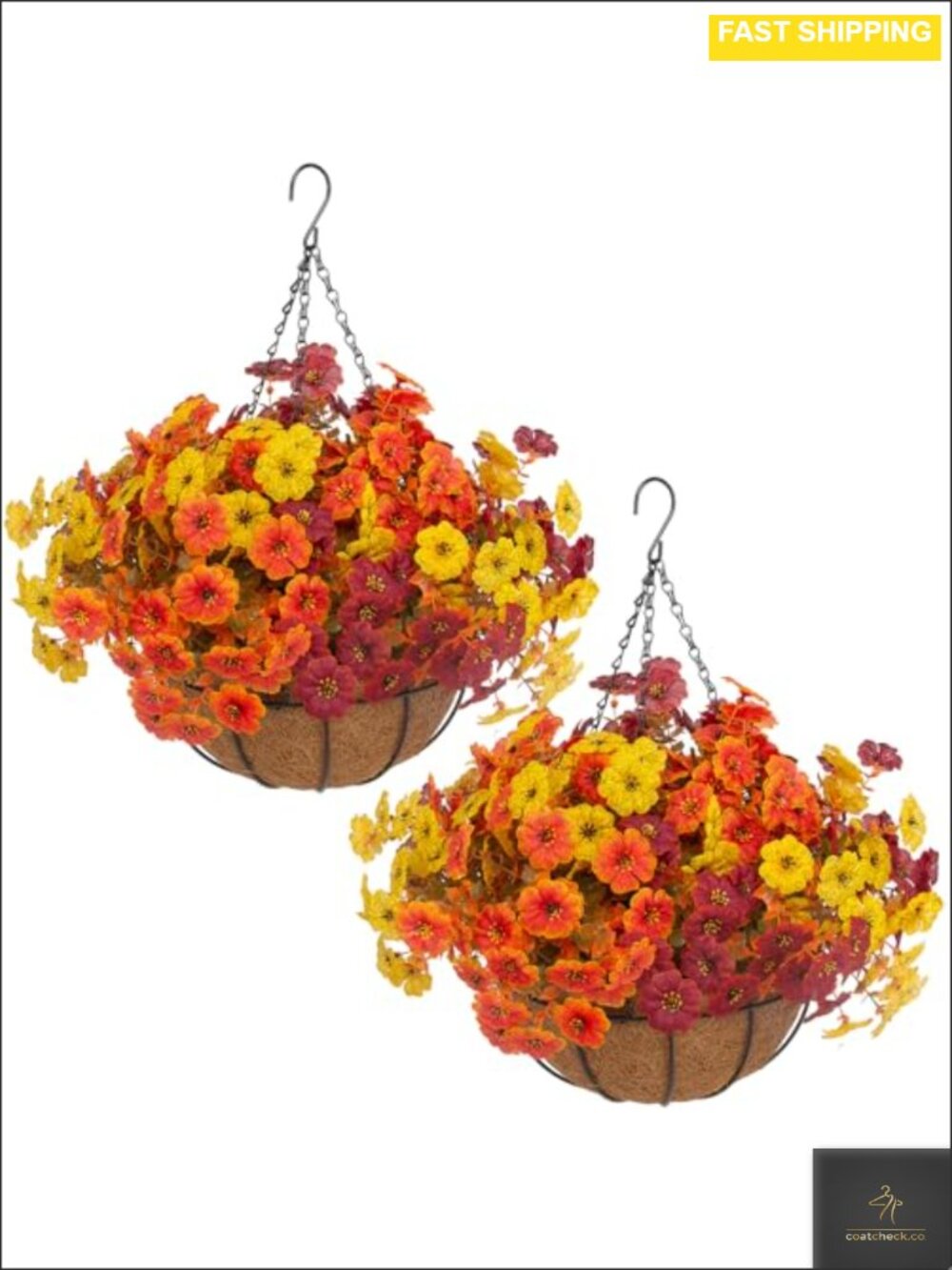 2 Set Artificial Outdoor Fall Flowers with Hanging Basket & Faux Mums, Home